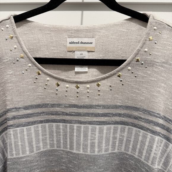 Alfred Dunner Striped 3/4 Sleeve Sequin Neck Line Knit Sweater Womens Plus 2X - Picture 11 of 11